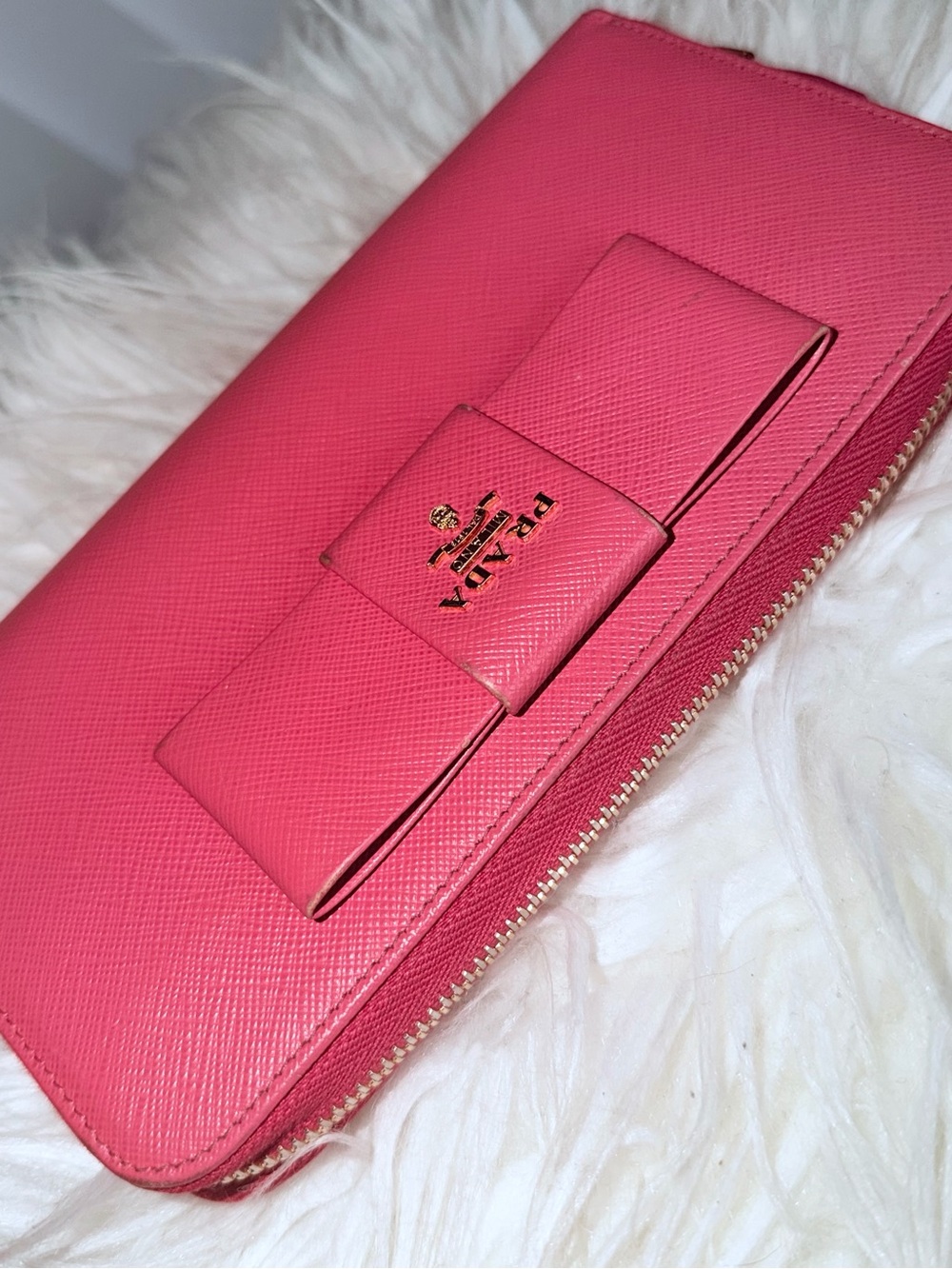 Prada Hot Pink Saffiano Leather Bow Zip Wallet